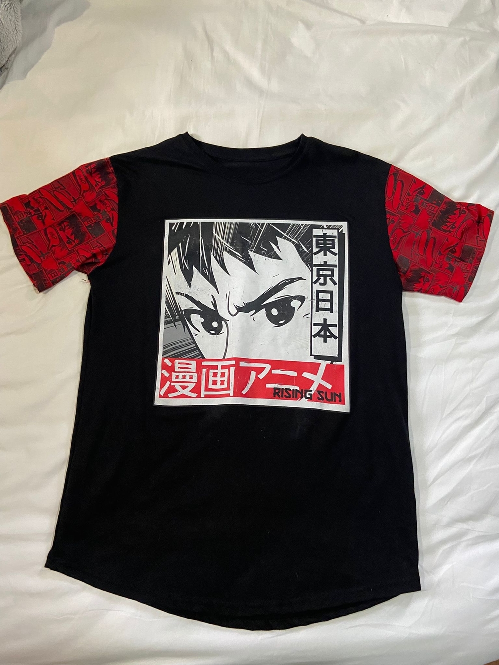 Vibes Black Anime Tee with Red Graphic Raglan Sleeves